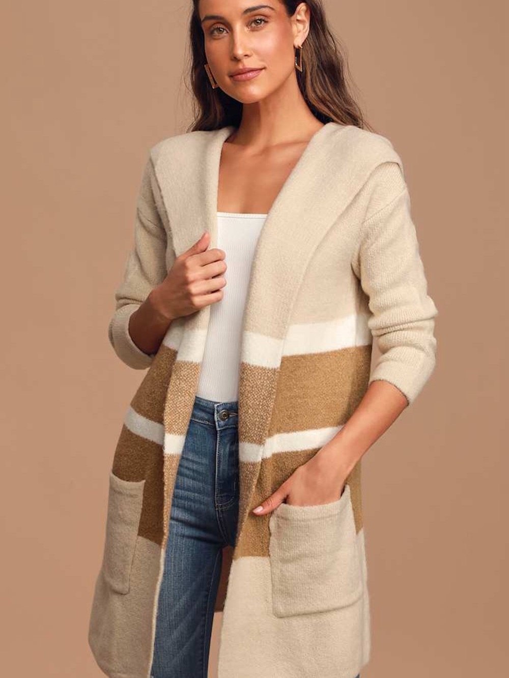 Lulus Carlsbad Tan and Beige Hooded Cardigan Sweater